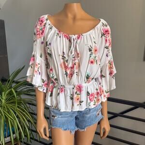 White Birch Floral Off Shoulder Boho Top Bell Sleeve Peplum Tassle Tie - Large